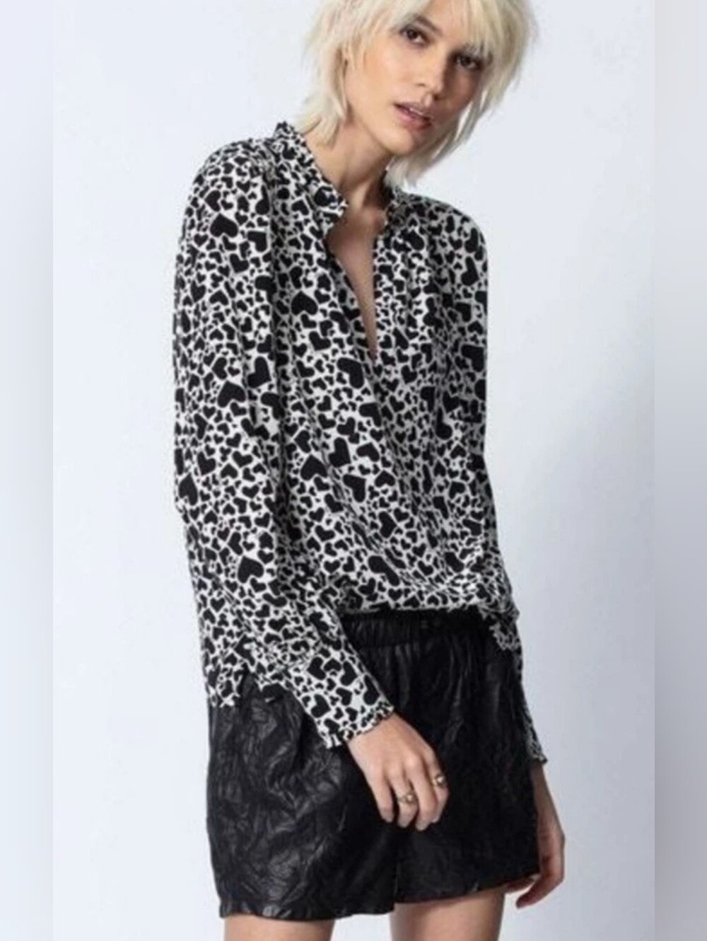Zadig & Voltaire Titus Love Print Silk Blouse XS Black White Hearts